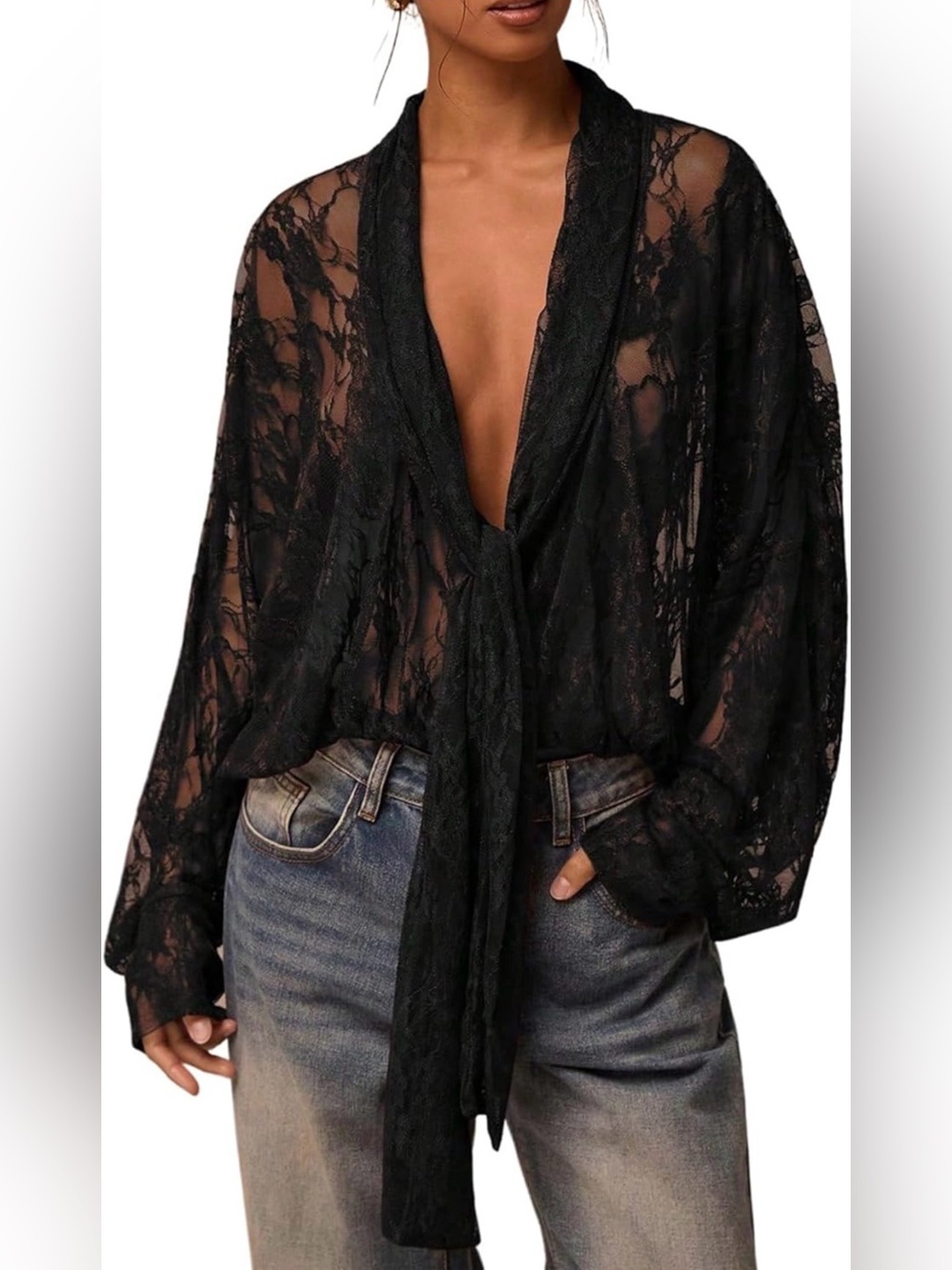 Boho Black Sheer Lace Tie-Front Blouse | Romantic Balloon Sleeve Top XS-XL